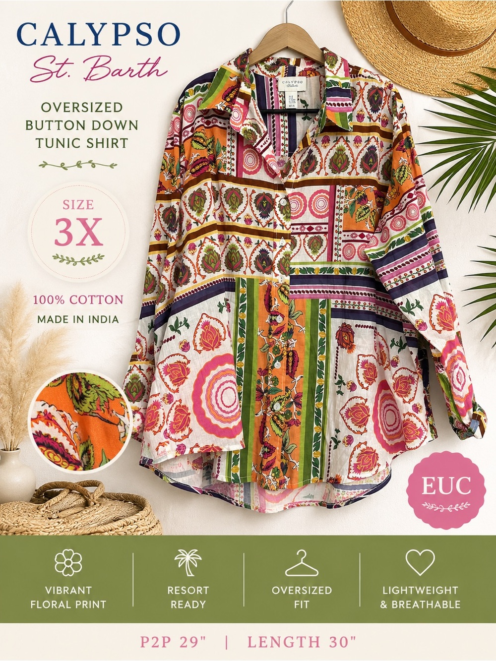 Calypso St. Barth 3X Cotton Patchwork Floral Print Button Down Tunic Shirt